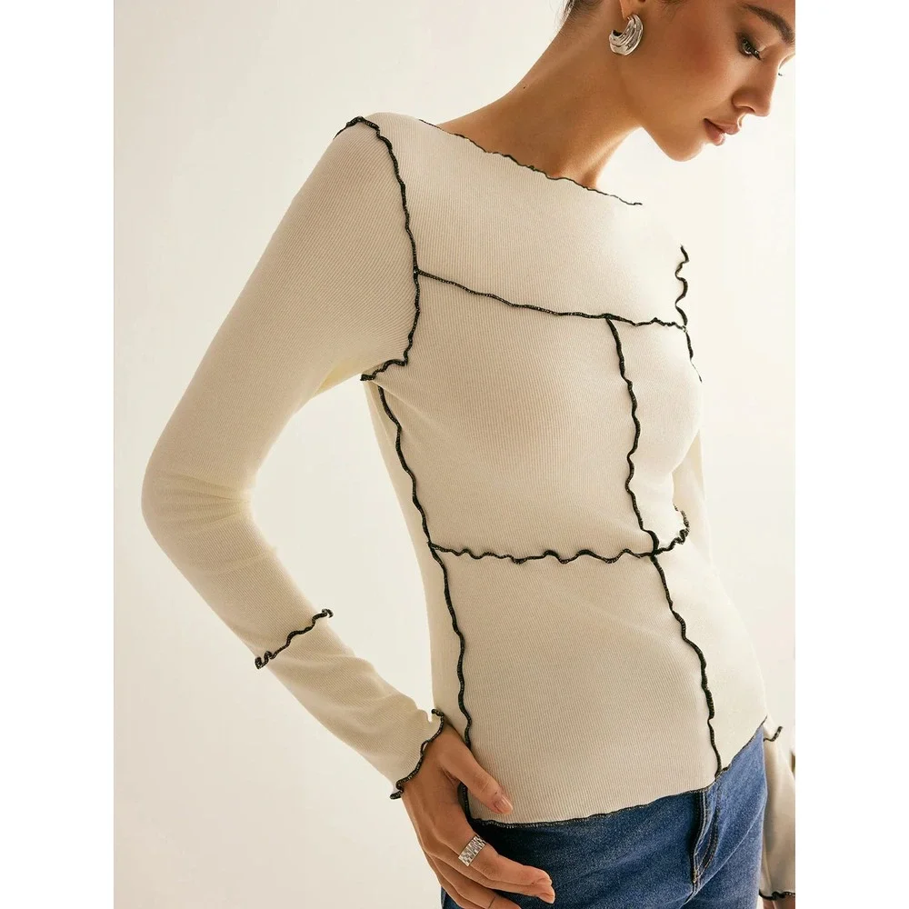 Commense‎ Deep Burgundy Ribbed Lettuce Hem Seam Detail Long Sleeve Top Small - Picture 9 of 13